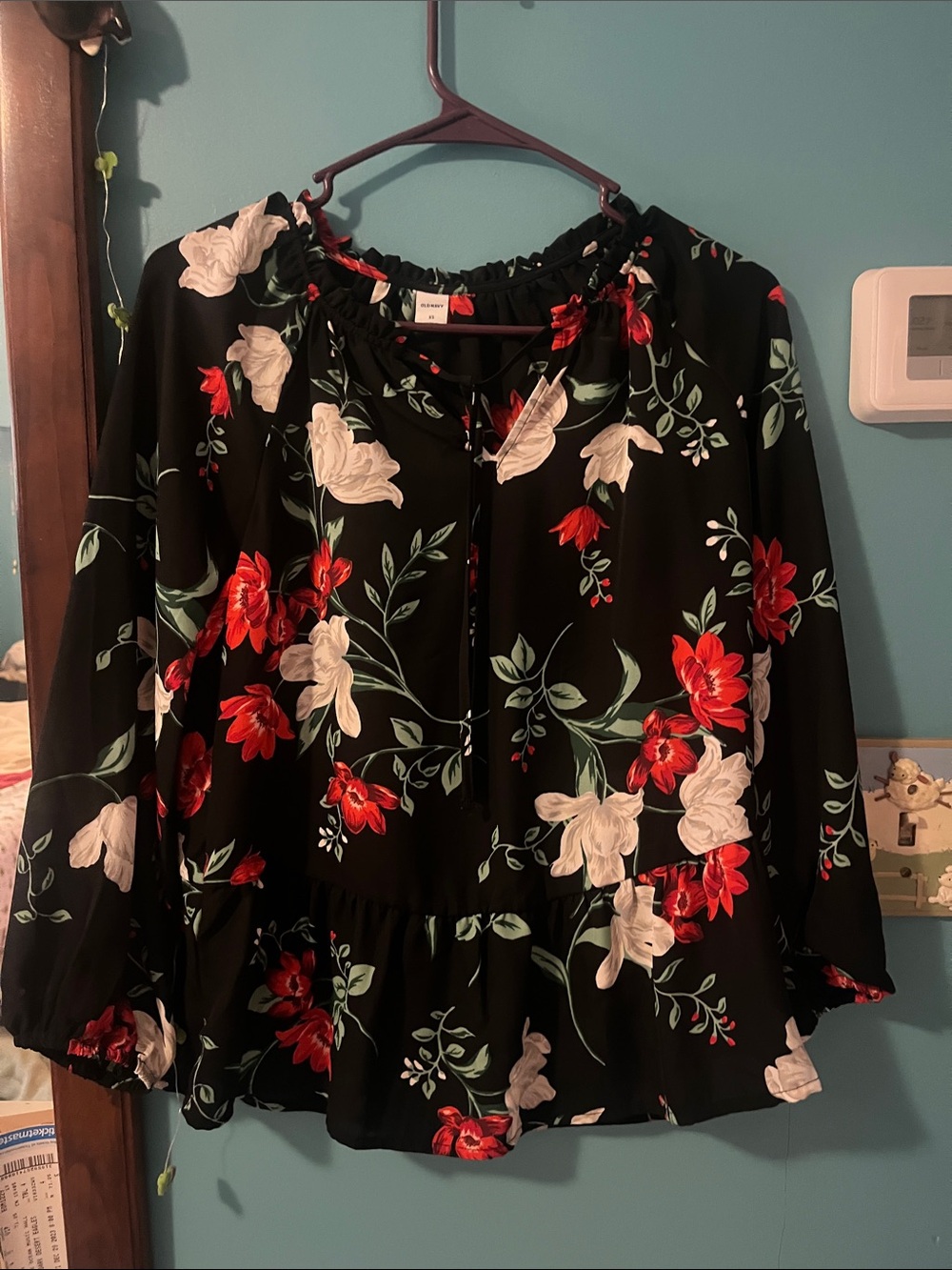 Old Navy Black Floral Peasant Blouse with Red and White Blooms